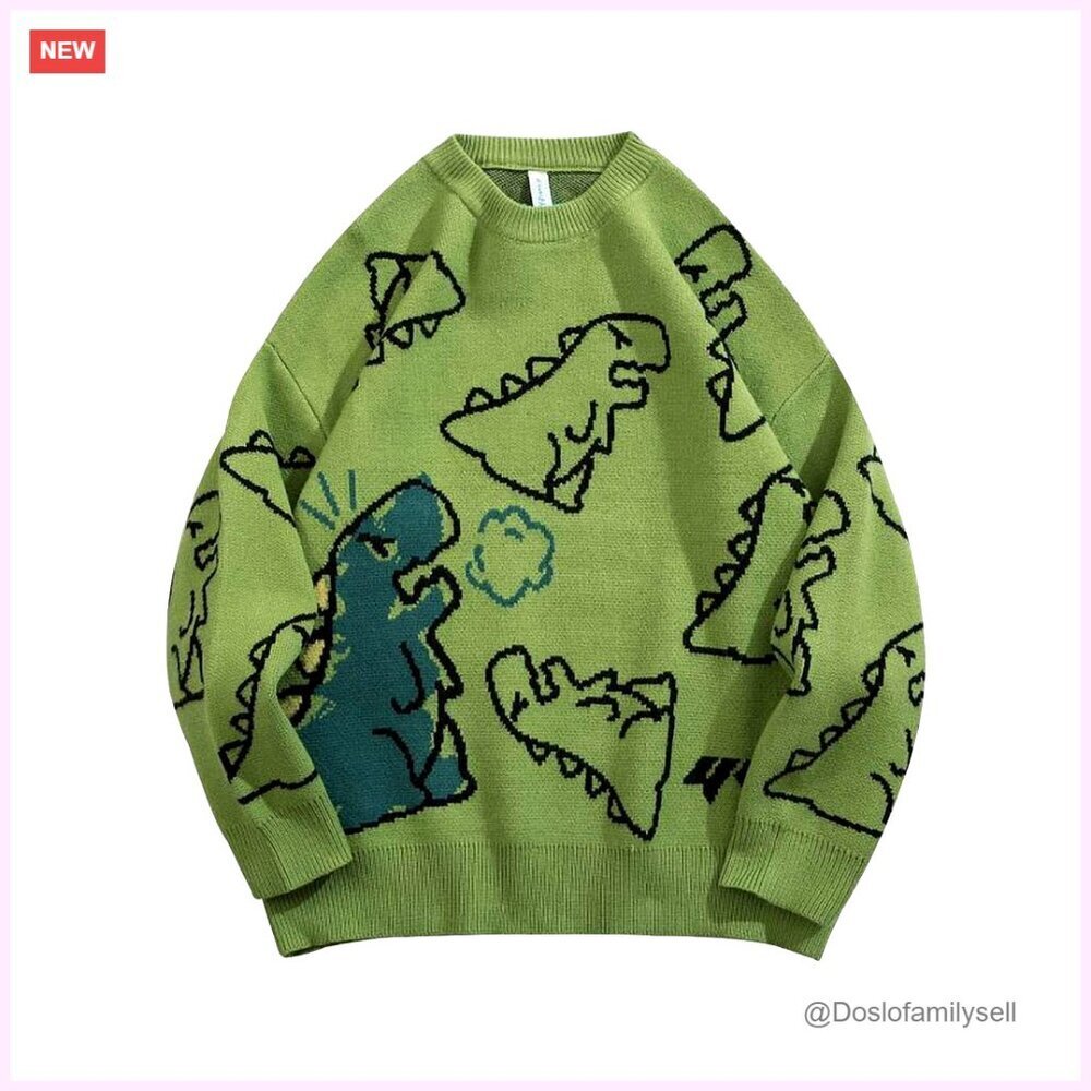 Oversized Dinosaur Graphic Sweater Women's Vintage Y2K Streetwear Knit Top